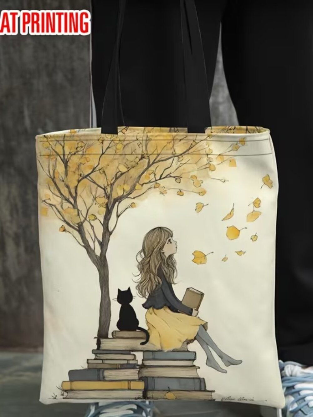 βA Girl, A Cat & Her Booksβ Canvas Shopping Tote Bag (BRAND-NEW & SO CUTE!) - Picture 2 of 7